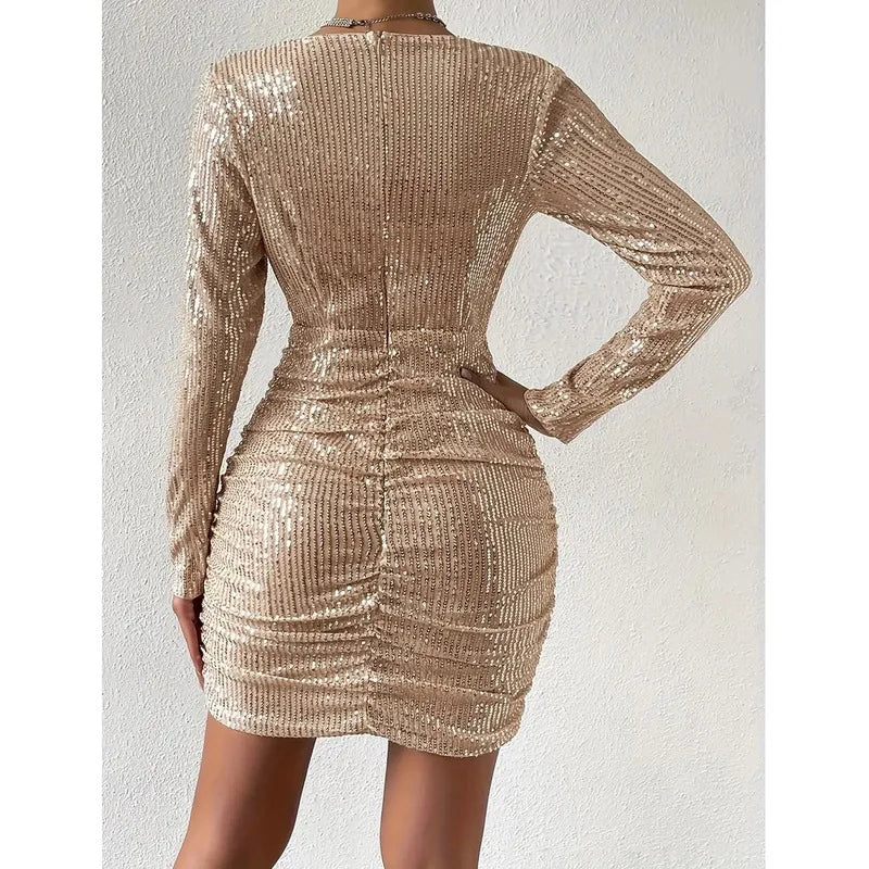 Sequin Pleated V-neck Long Sleeve Dress