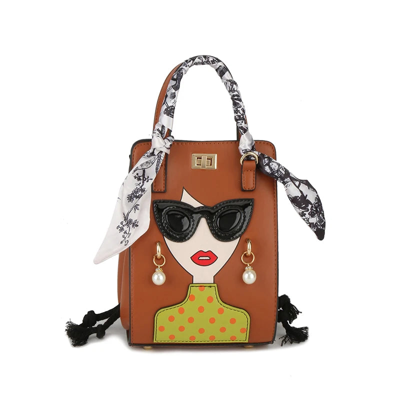 Woman's Face Novelty Print PU Leather Shoulder Crossbody Handbag