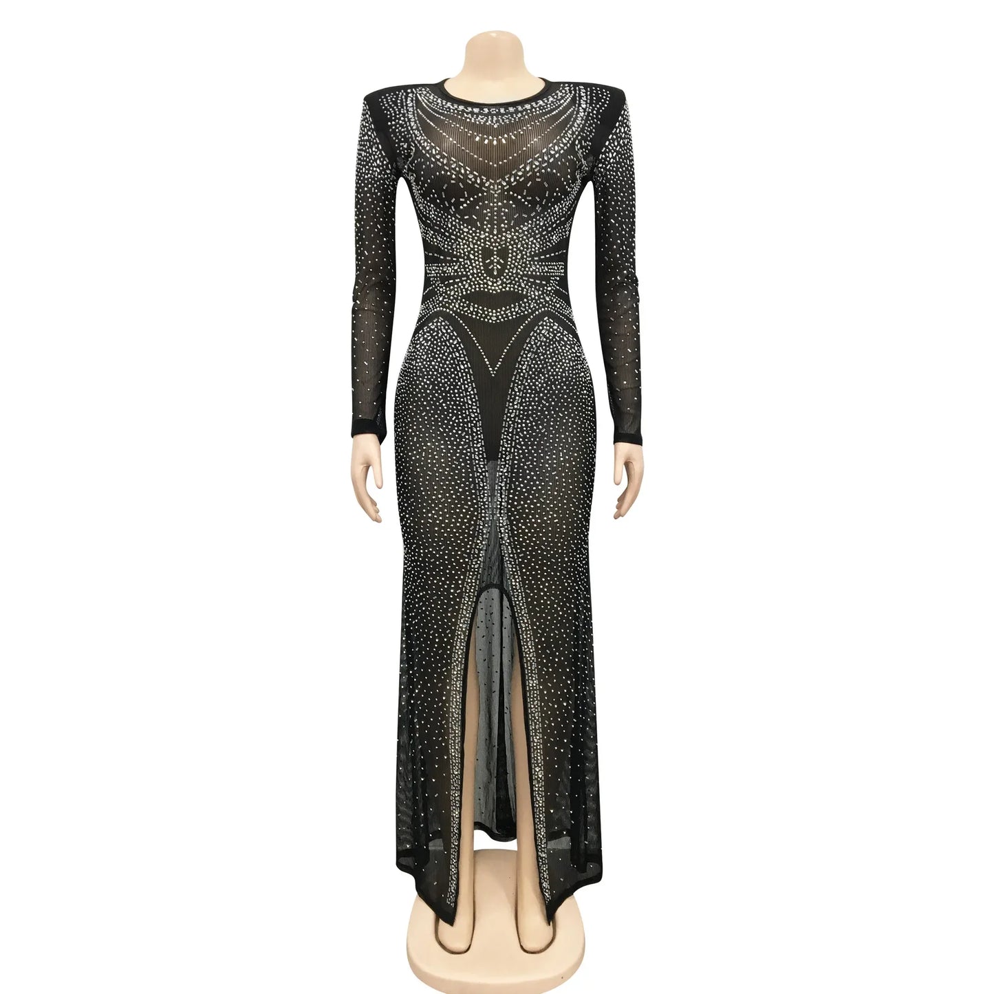 Rhinestone Mesh Long-sleeve Front-slit Dress