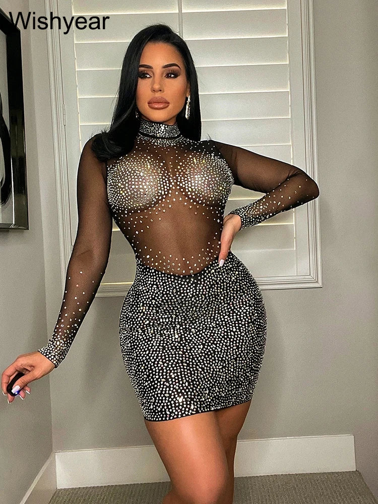 Sequin Mesh Sheer Long Sleeve Short Dress