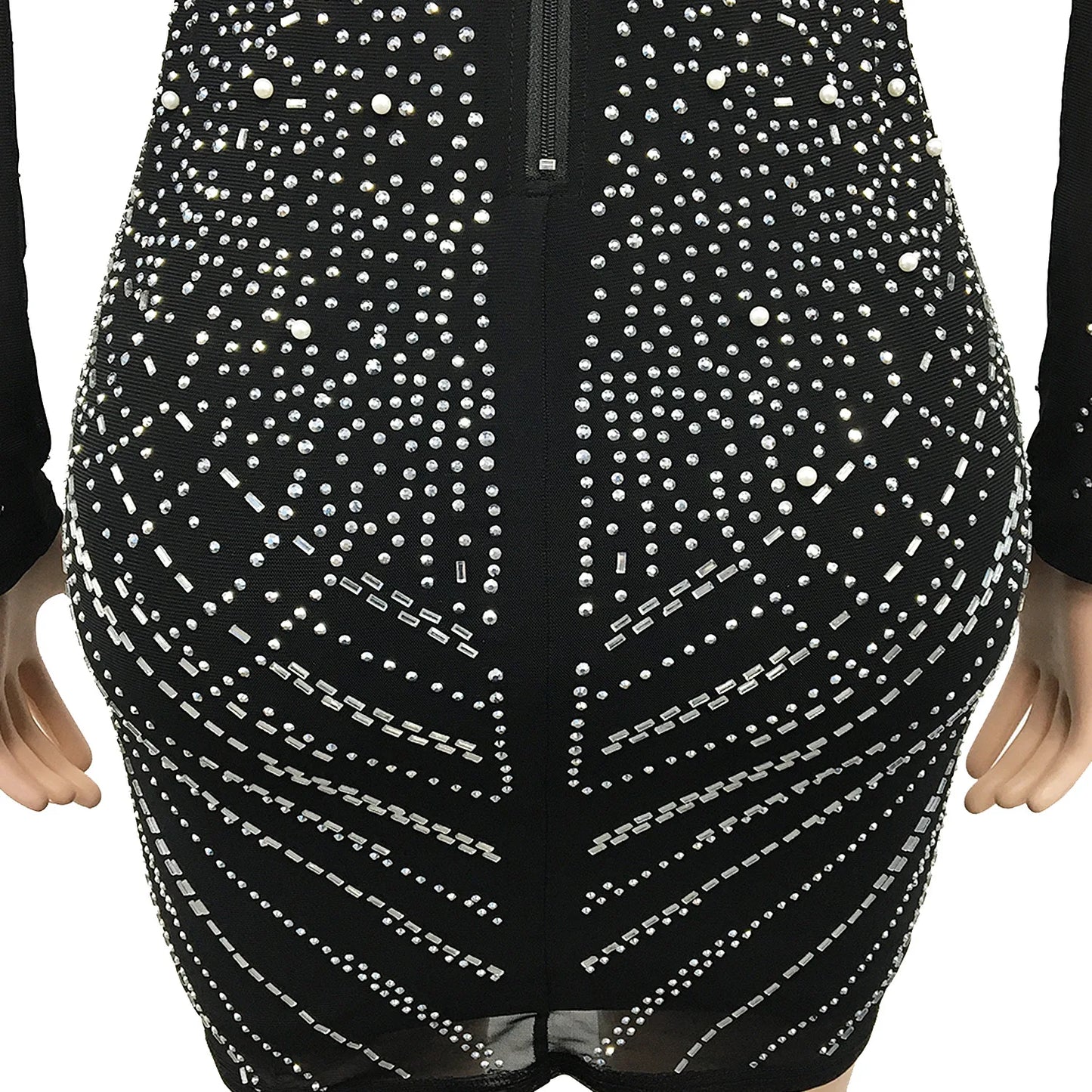 Sequin Deep V Mesh Long Sleeve Dress