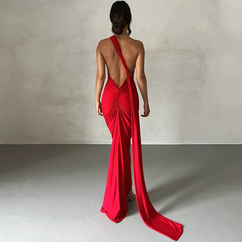 One Shoulder Backless Adjustable Scarf Loop Ruched Maxi Dress