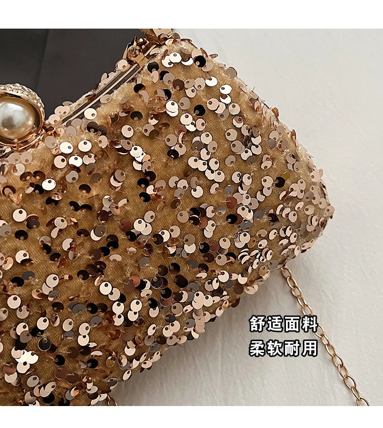 Sequin Pearl Long Chain Handbag