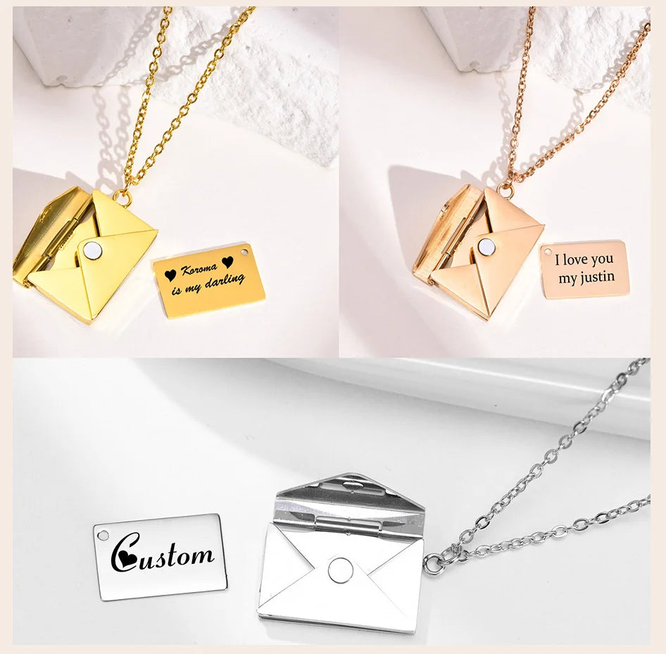 Personalised Envelope Locket Pendant Stainless Steel Love Letter Engrave Long Chain Necklace