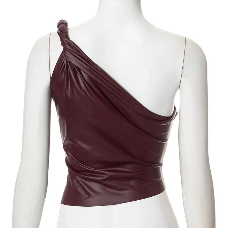 Pu Leather One Shoulder Top