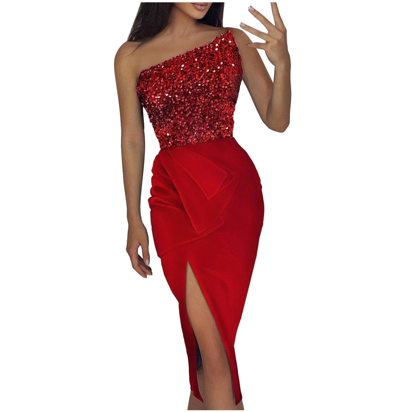 One Shoulder Sequin Midi Dress