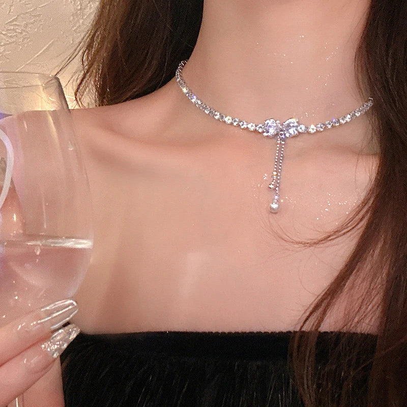 Rhinestone Bow-tie Chain Necklace