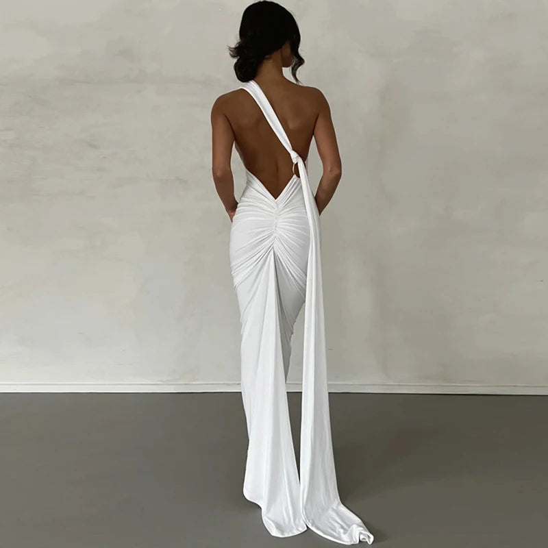 One Shoulder Backless Adjustable Scarf Loop Ruched Maxi Dress