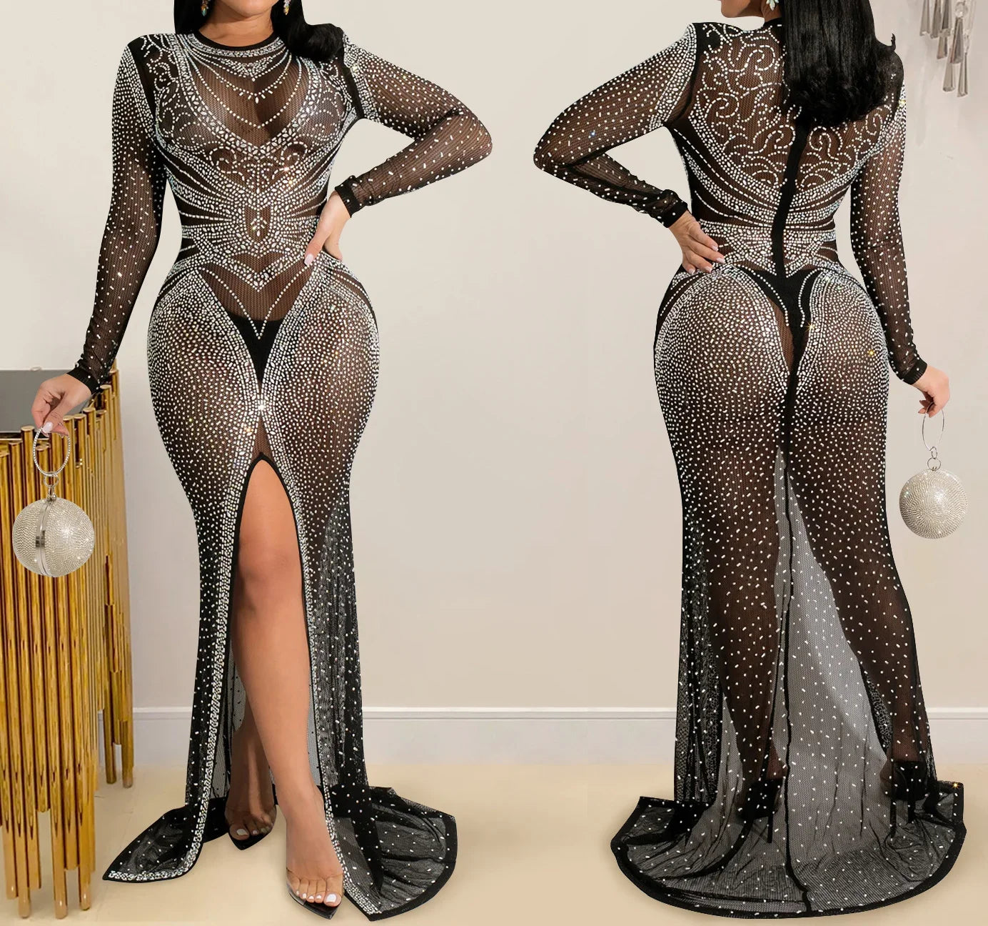 Rhinestone Mesh Long-sleeve Front-slit Dress