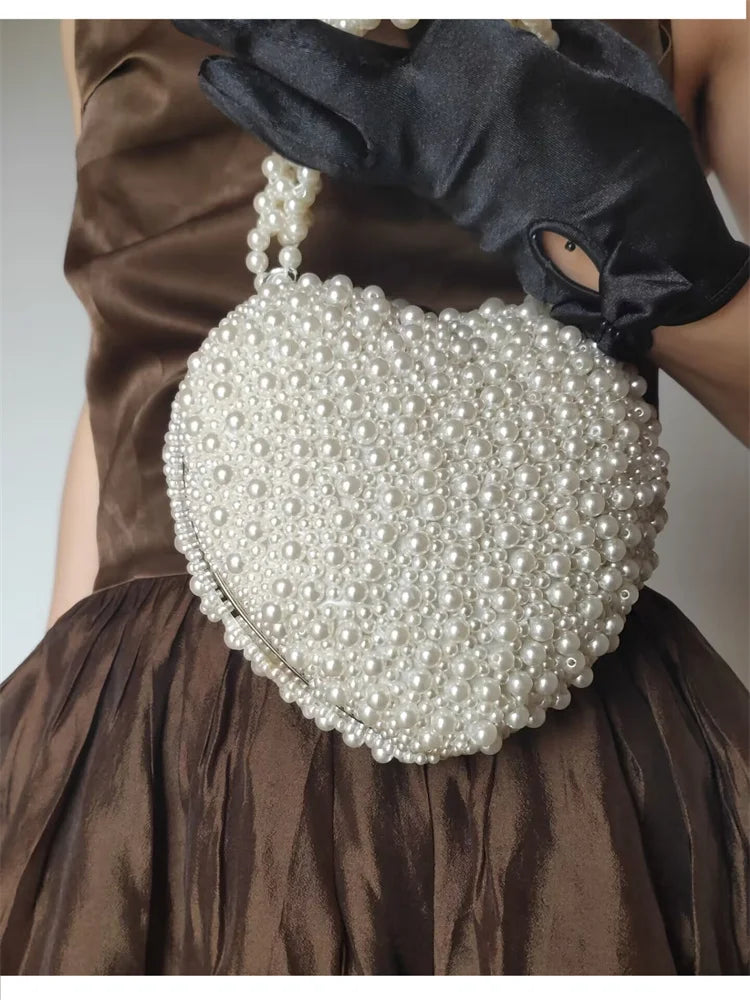 Hand Beaded Pearl Heart-shape Handbag