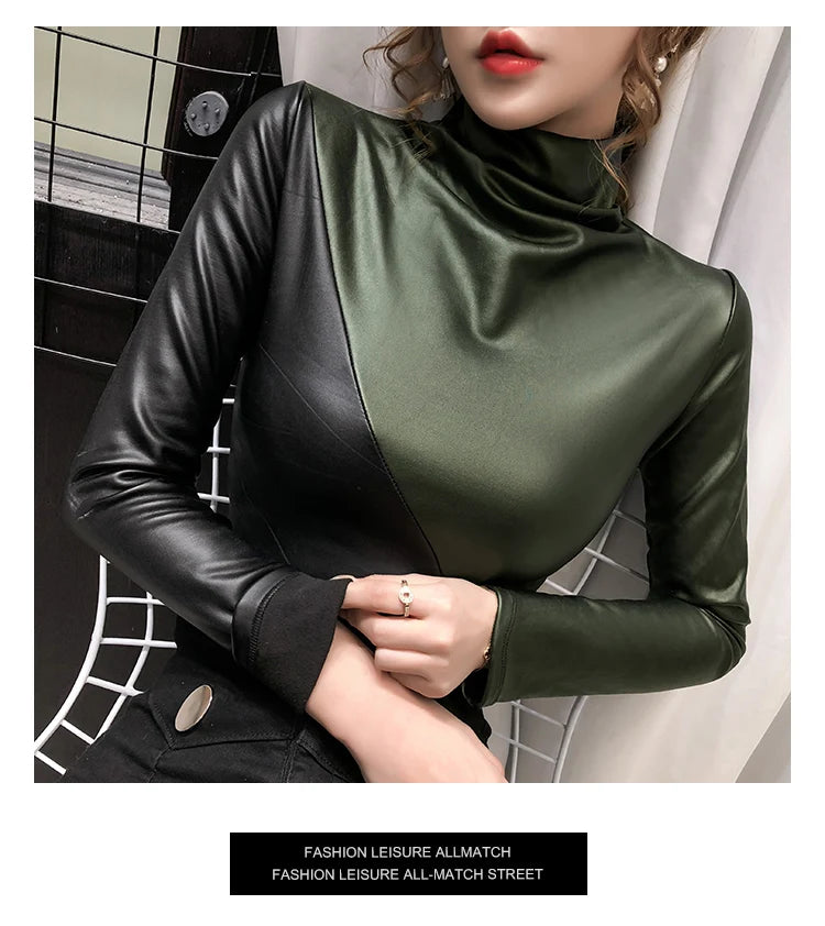 PU Leather Turtleneck Long Sleeve Blouse