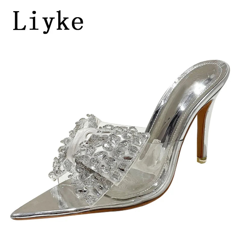 Crystal Bowknot Transparent Pointed Toe High Heels Shoes