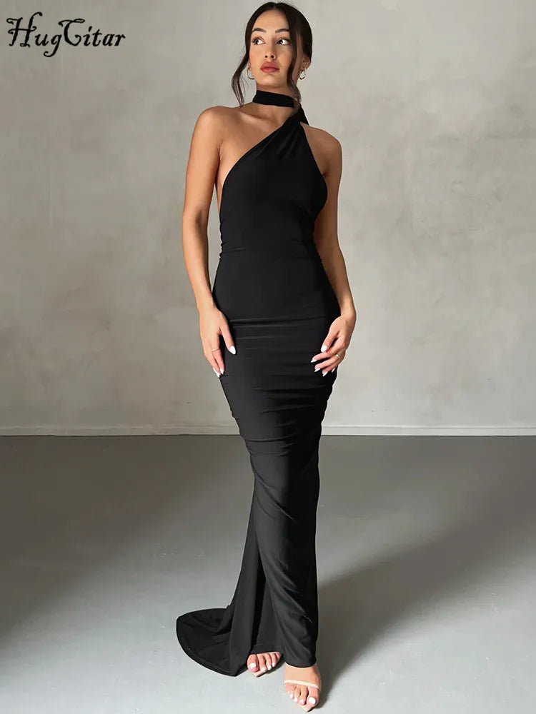 One Shoulder Backless Adjustable Scarf Loop Ruched Maxi Dress