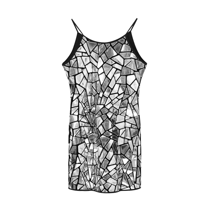 Mirror Sequins Metallic Embellished Sleeveless Dress