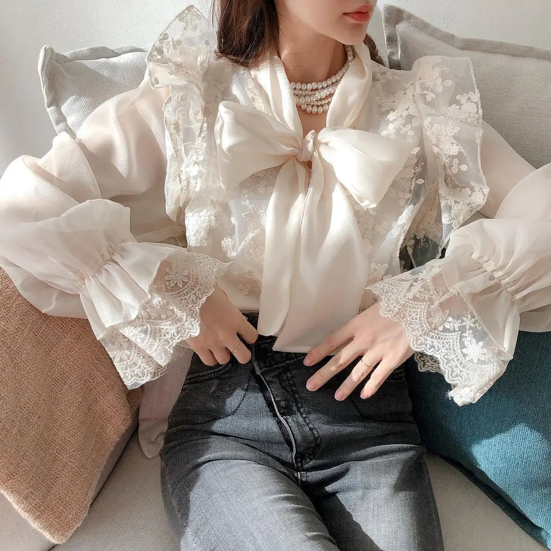 Bow Tie Lace Embroidery Flower Loose Trumpet Sleeve  Blouse