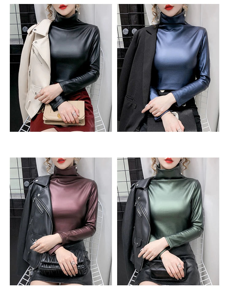 PU Leather Turtleneck Long Sleeve Blouse