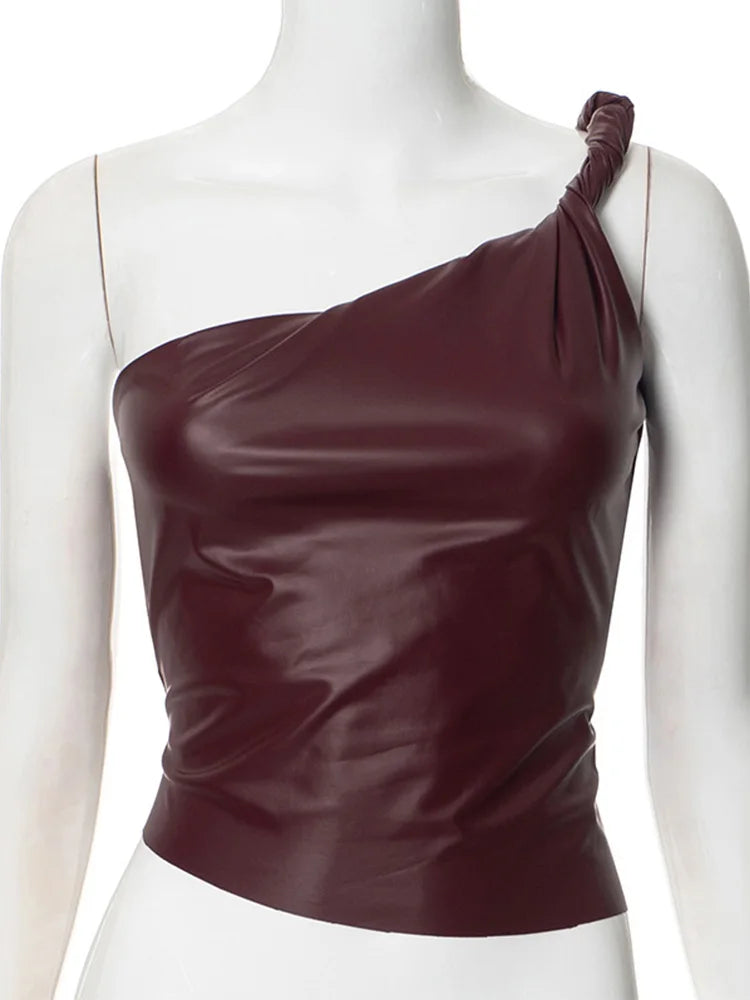 Pu Leather One Shoulder Top