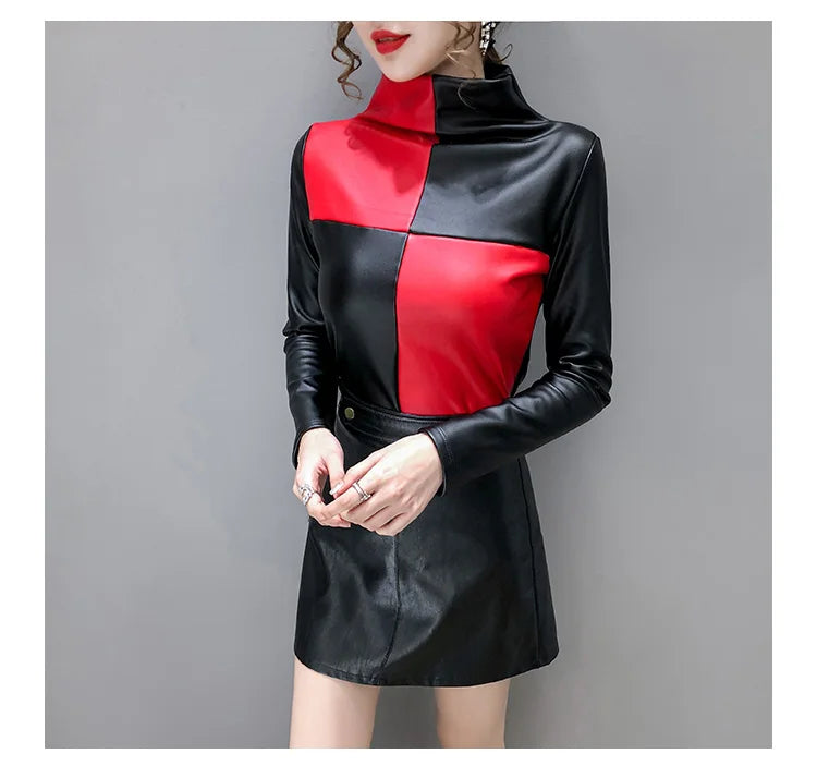 PU Leather Turtleneck Long Sleeve Blouse