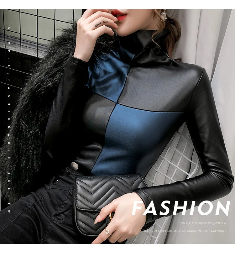 PU Leather Turtleneck Long Sleeve Blouse