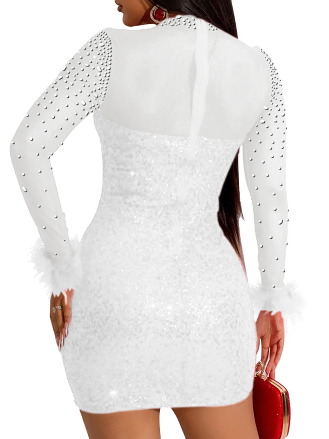 Mesh Rhinestone Long Sleeve Fur-trim Dress