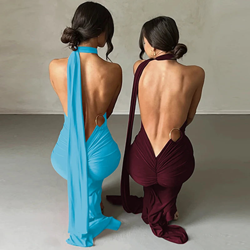 One Shoulder Backless Adjustable Scarf Loop Ruched Maxi Dress