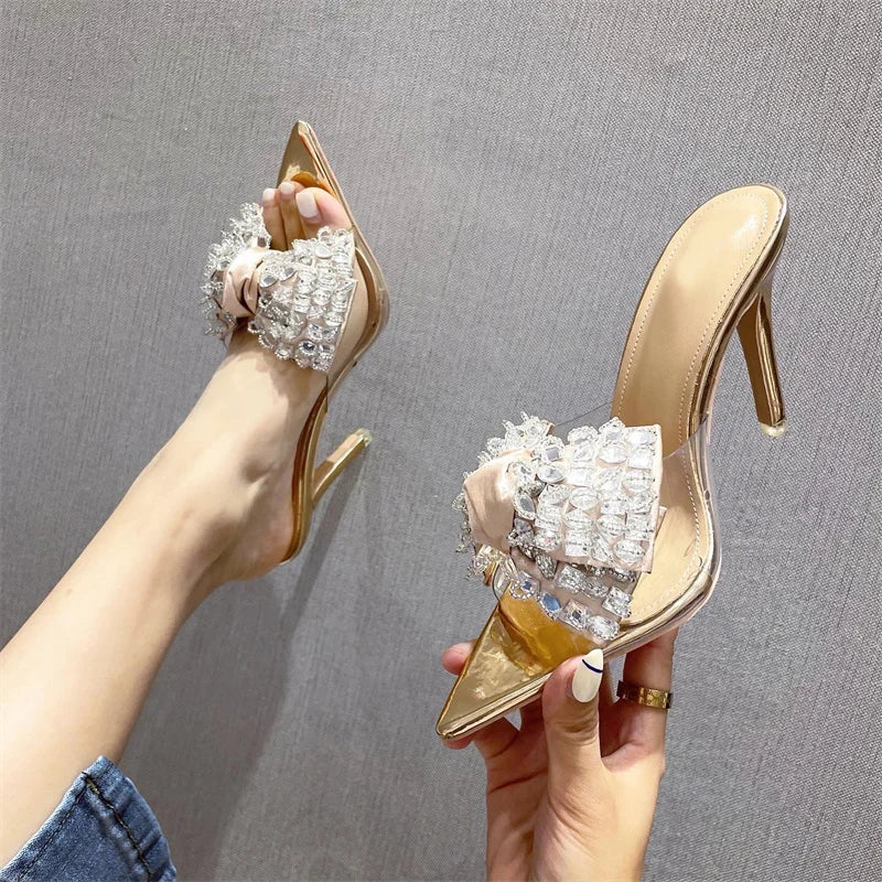 Crystal Bowknot Transparent Pointed Toe High Heels Shoes