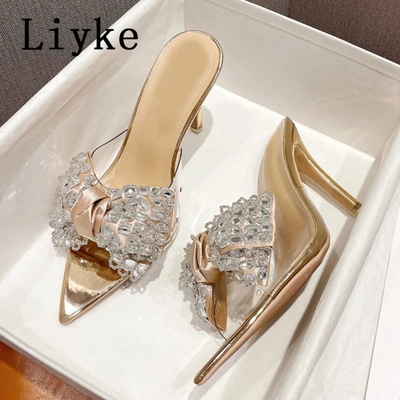 Crystal Bowknot Transparent Pointed Toe High Heels Shoes