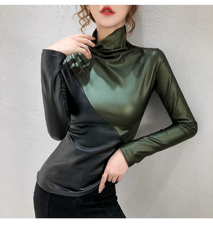 PU Leather Turtleneck Long Sleeve Blouse