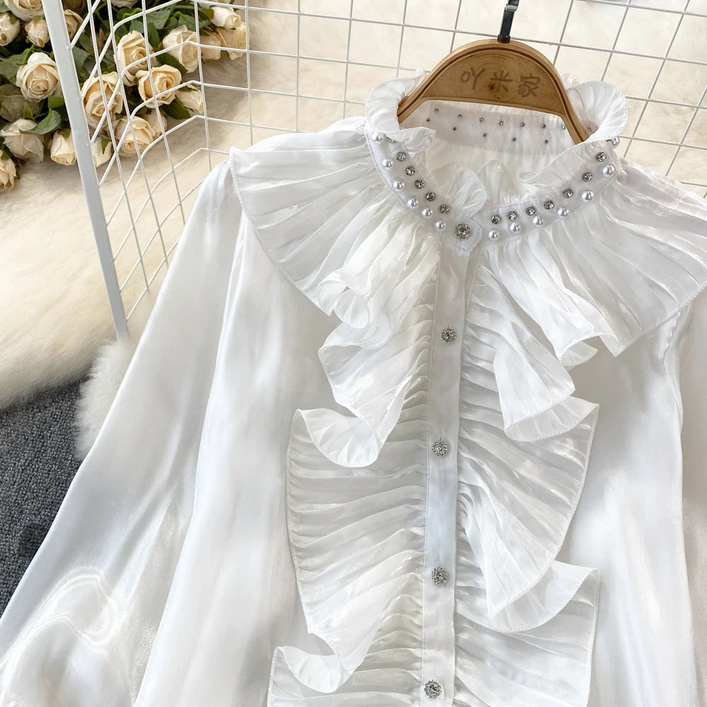 3D Flower Stand Collar Flare Sleeve Flounced Edge Single Breasted Shirt