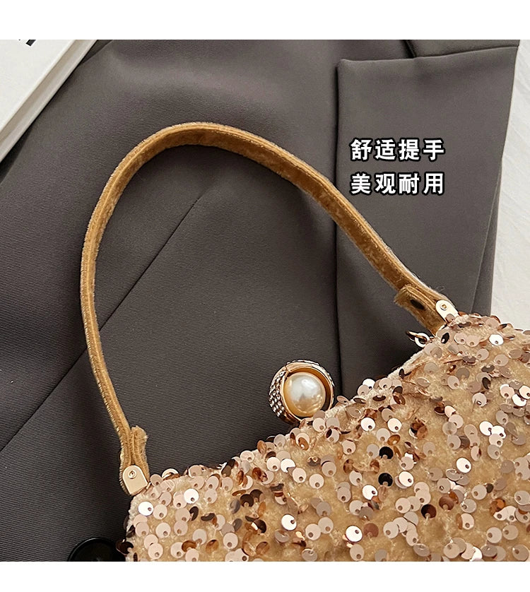 Sequin Pearl Long Chain Handbag