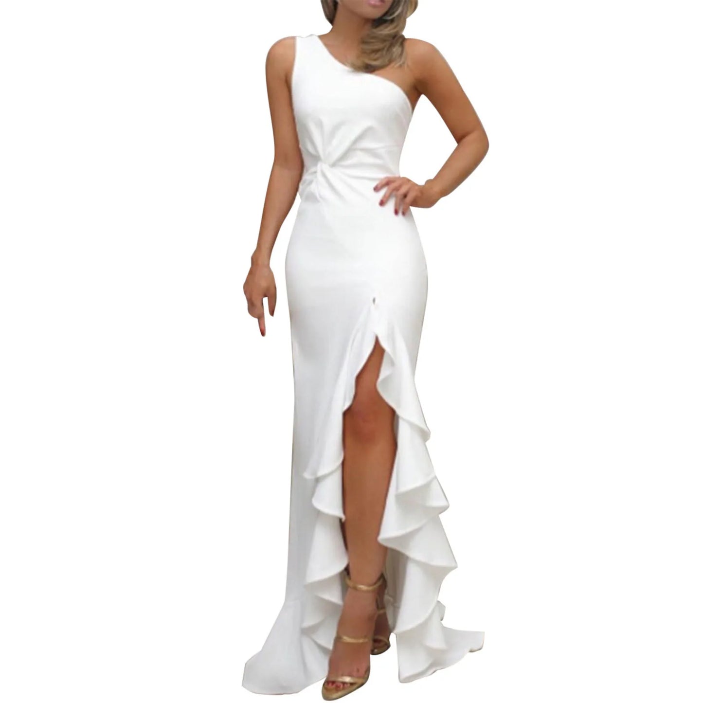 One Shoulder Ruched Ruffle Slit Maxi Dress