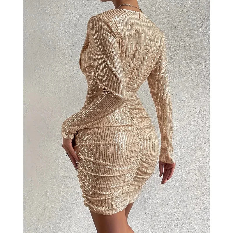 Sequin Pleated V-neck Long Sleeve Dress