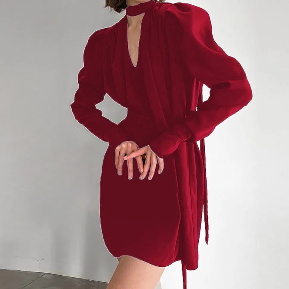 V Neck Tie Long Sleeve Dress