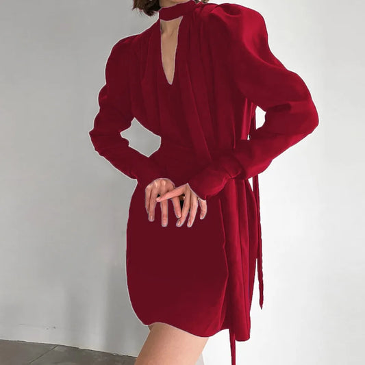 V Neck Tie Long Sleeve Dress