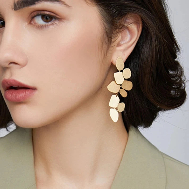 Geometric Flowers Gold Color Plated Long Drop Earrings