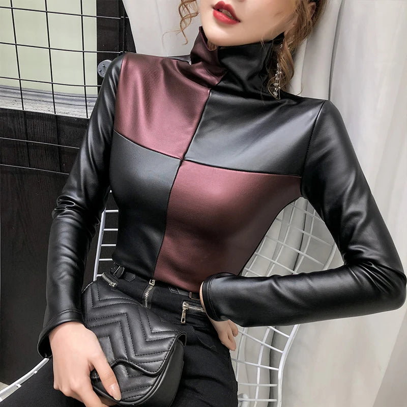 PU Leather Turtleneck Long Sleeve Blouse