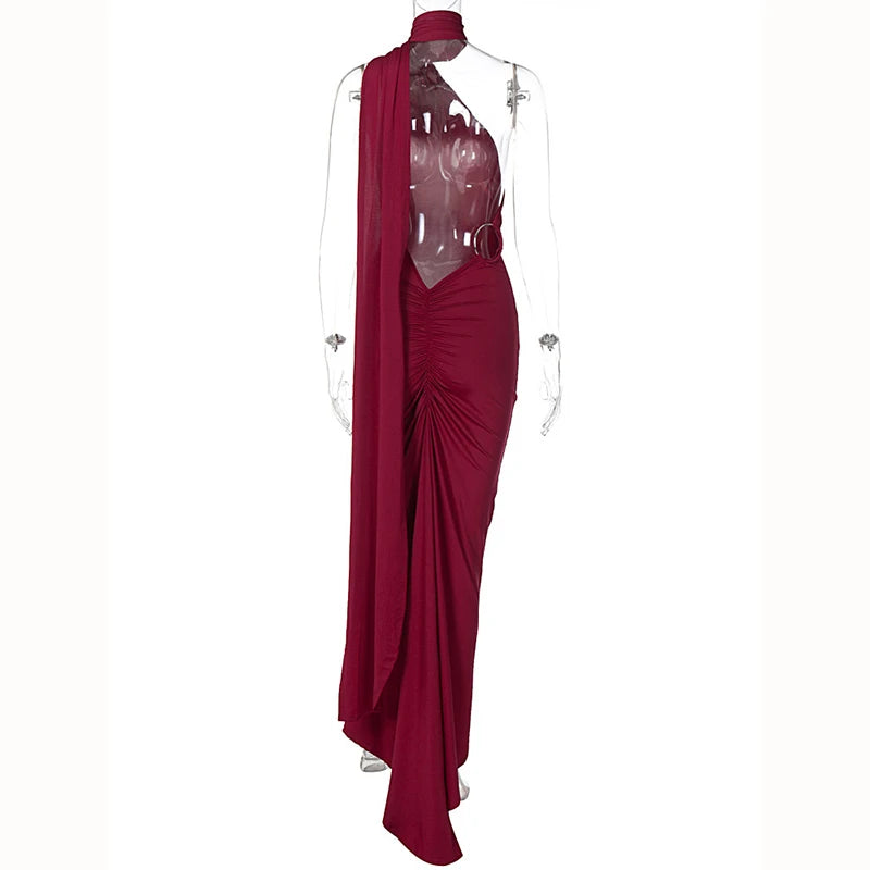 One Shoulder Backless Adjustable Scarf Loop Ruched Maxi Dress