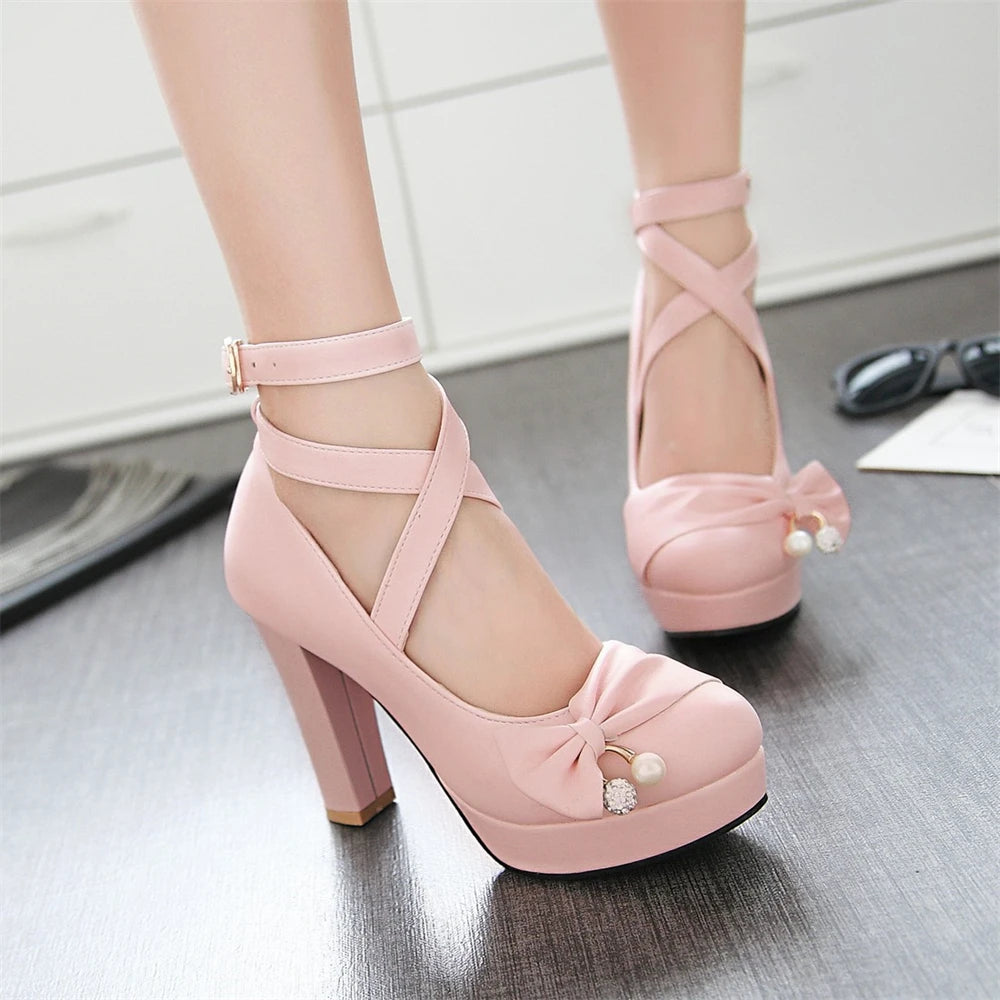 Cross-tied Ankle Strap Bow Platform High Heels Shoes