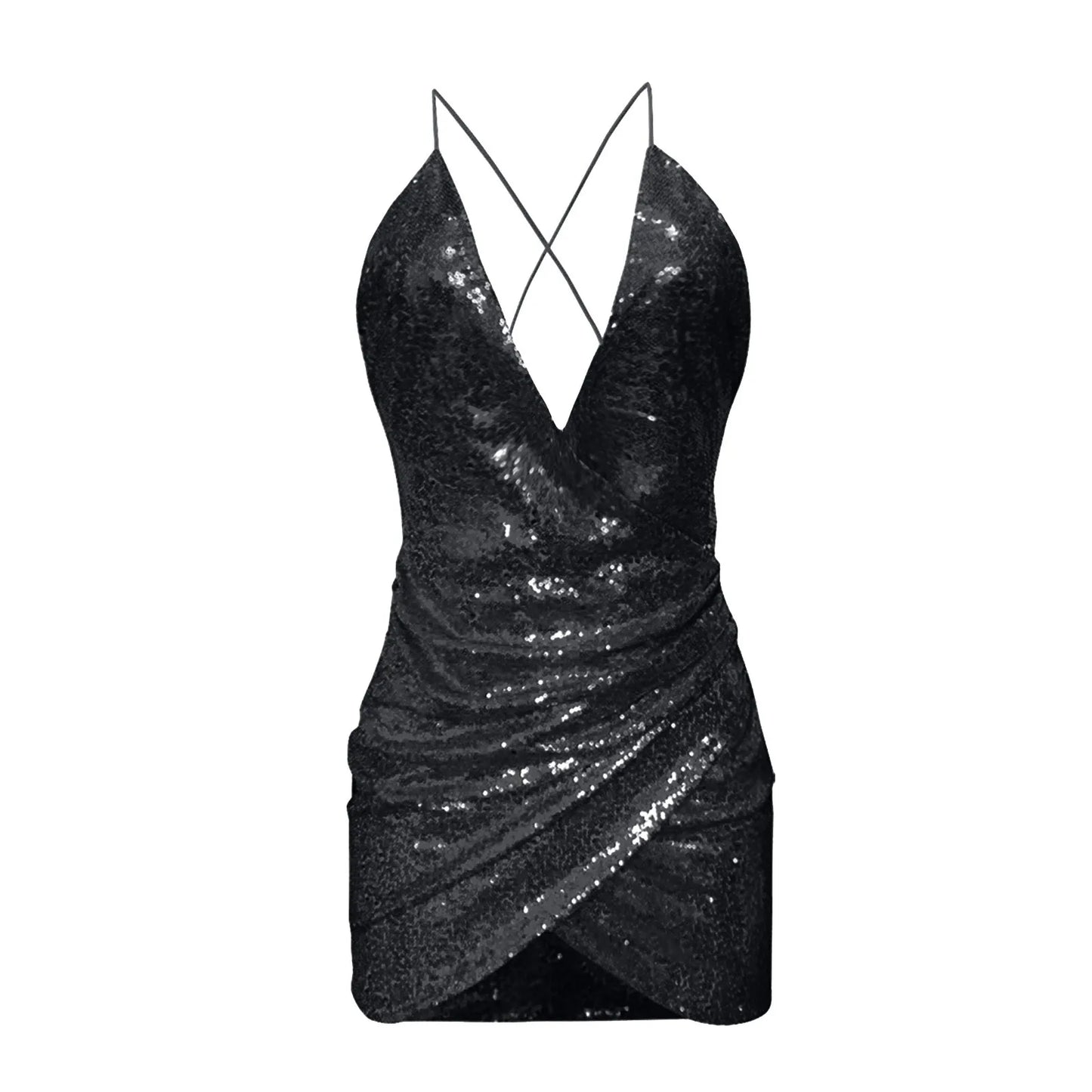 Sequin V Neck Ruched Cross Back Strap Dress