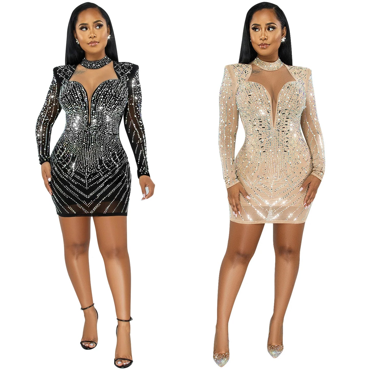 Sequin Deep V Mesh Long Sleeve Dress