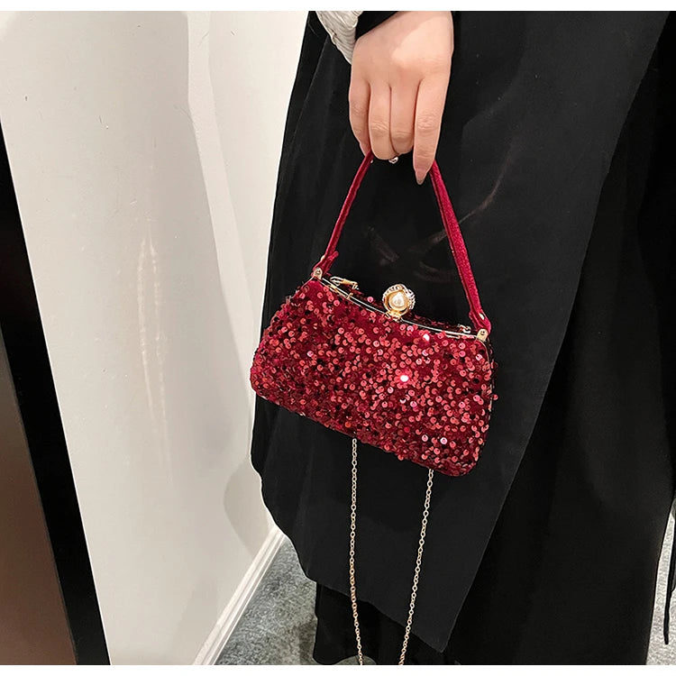 Sequin Pearl Long Chain Handbag