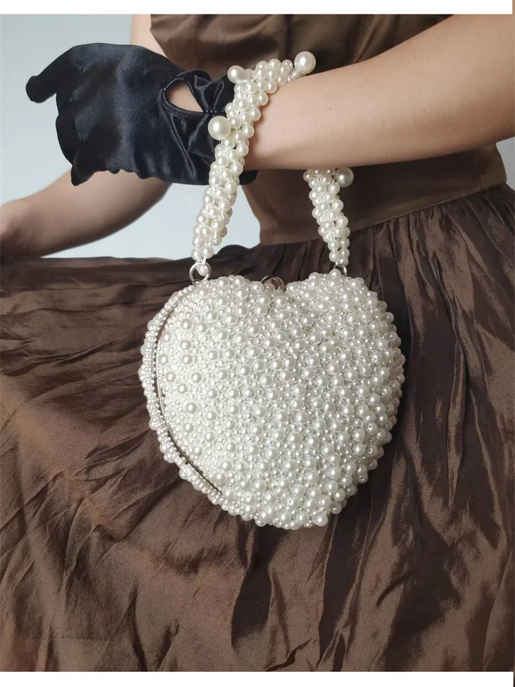 Hand Beaded Pearl Heart-shape Handbag