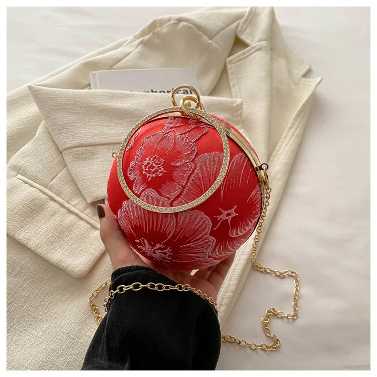 Embroidered Spherical Hand-held Shoulder Crossbody Chain Bag