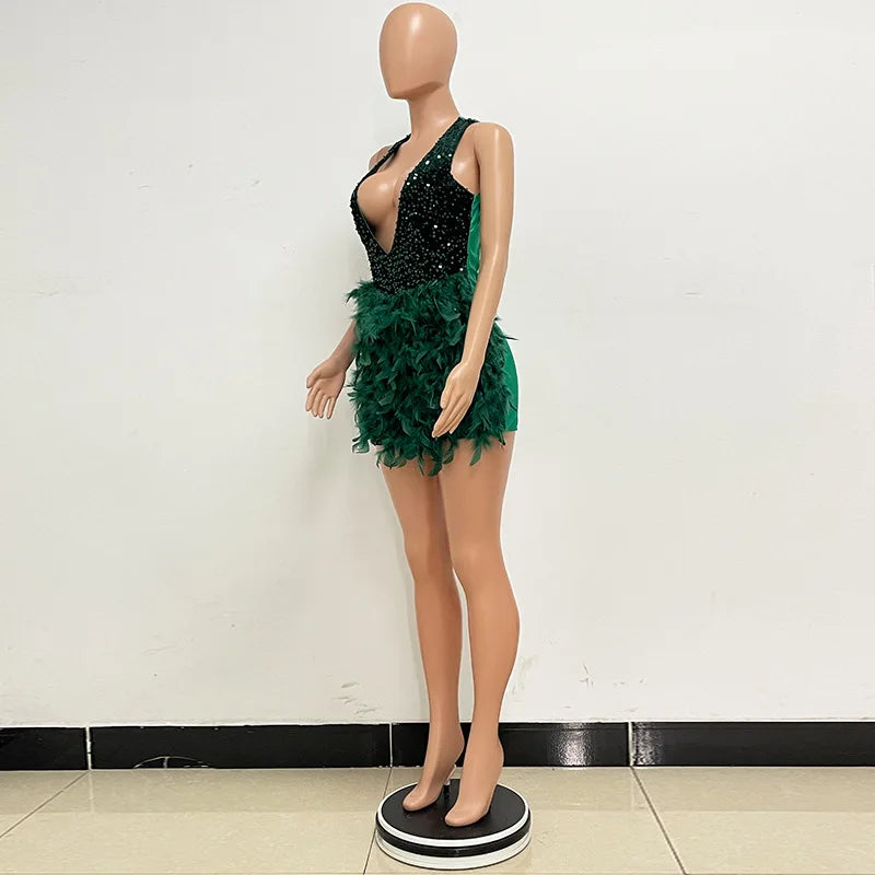 Deep V Sequin Feather Backless Mini Dress