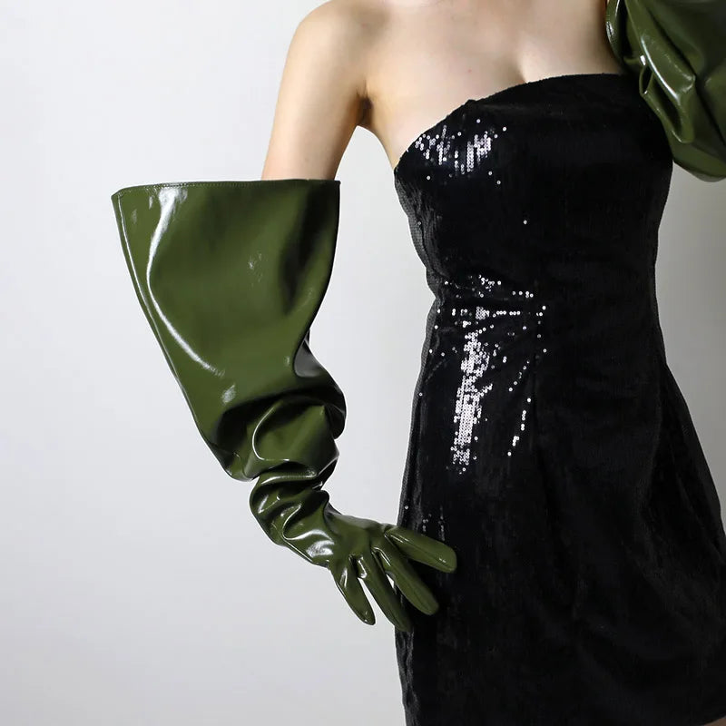 PU Leather Puff Sleeves Long Gloves