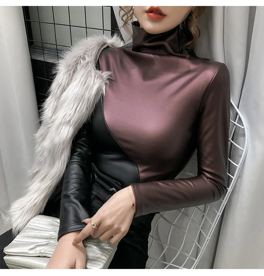 PU Leather Turtleneck Long Sleeve Blouse