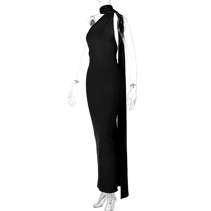 One Shoulder Backless Adjustable Scarf Loop Ruched Maxi Dress