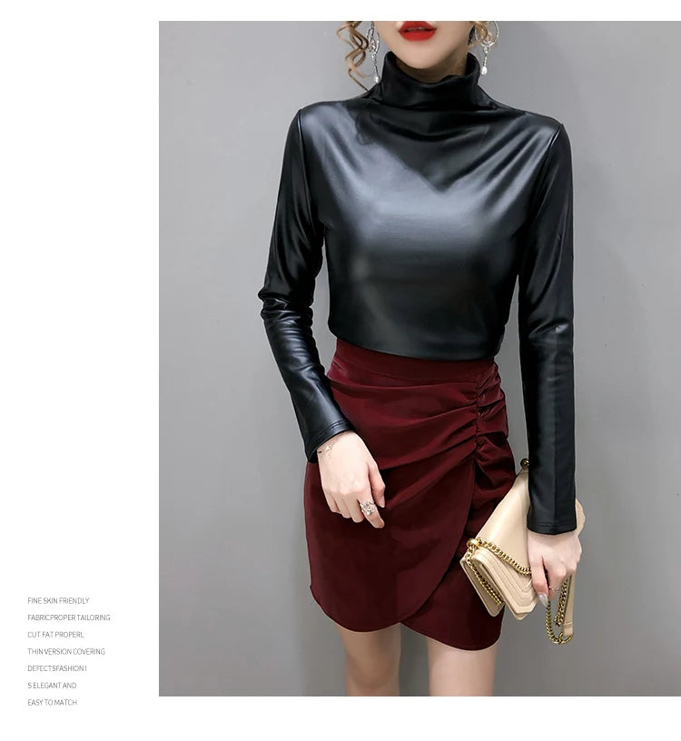 PU Leather Turtleneck Long Sleeve Blouse