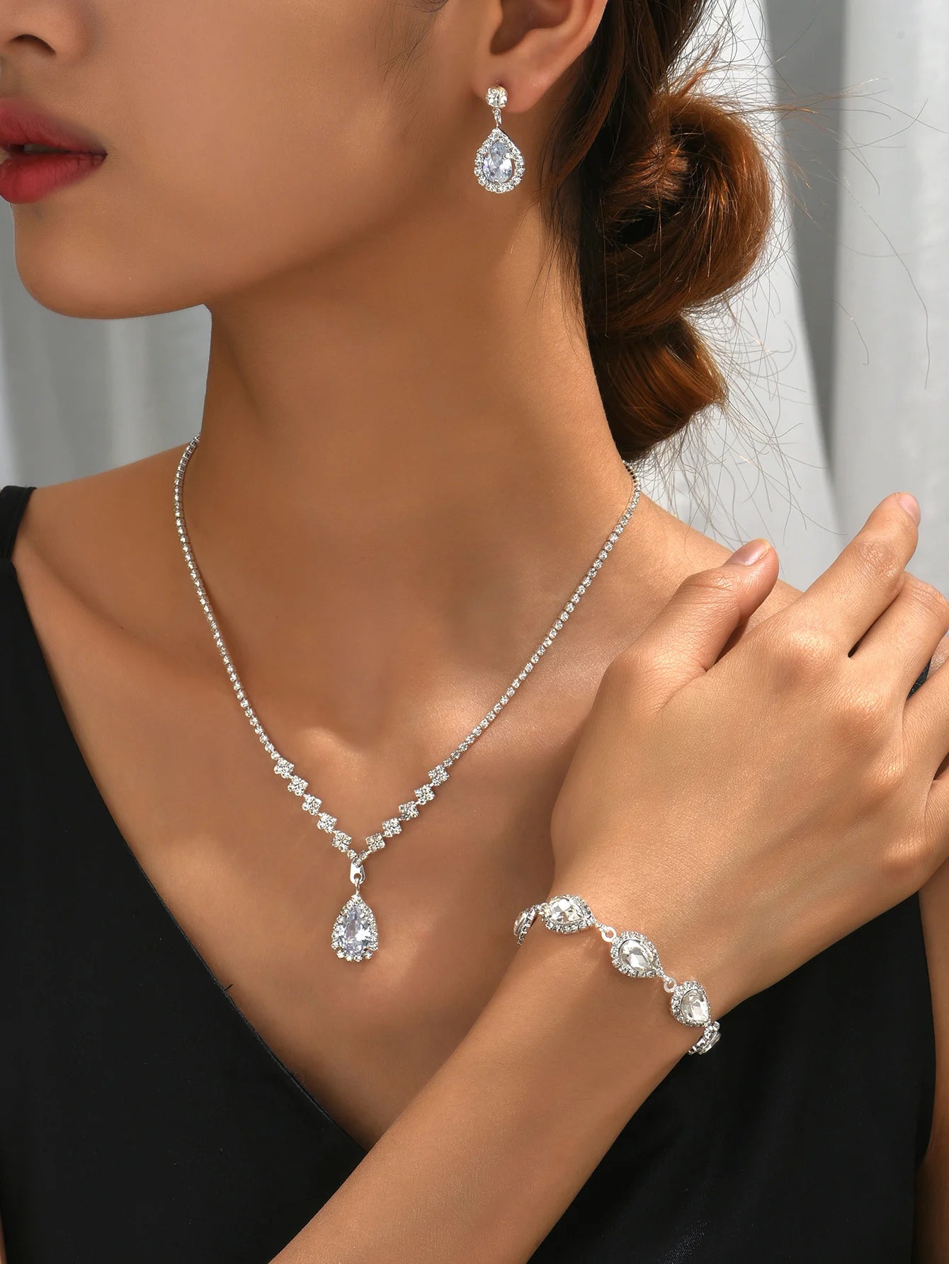 Diamante Three-piece Drop Necklace Bracelet Earrings Jewellery Set