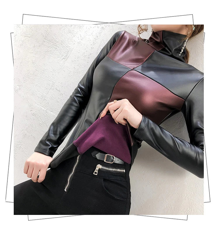 PU Leather Turtleneck Long Sleeve Blouse